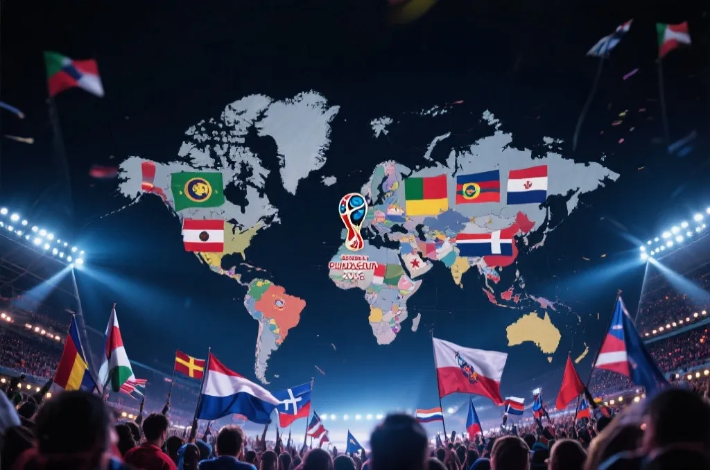 2026世界杯参赛队伍在世界地图背景下交汇的赛场氛围图